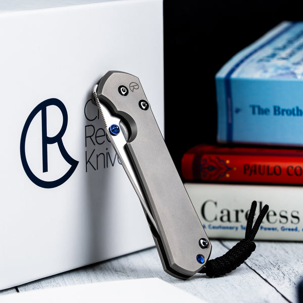 Chris Reeve Large Sebenza 31 - Tanto Magnacut & Glass Blasted Titanium w/ Blue Accents