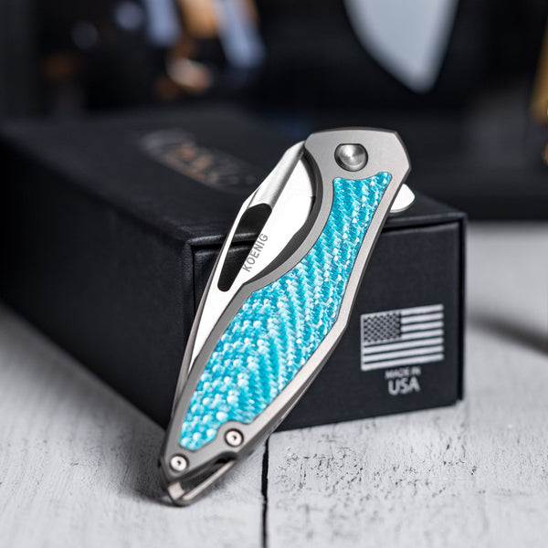 Drop Date (01/28): Koenig Arius Flipper - Brightwashed w/ Polished Flats M390 & Aqua Blue Twill Inlay - URBAN EDC®