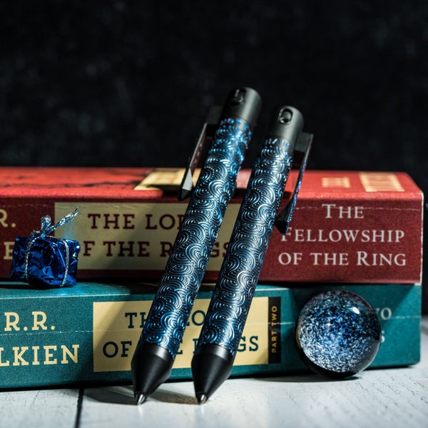 Drop Date (05/28): Nottingham Tactical x URBAN TiButton Single Lock Pen - Two - Tone Black Ti Cerakote & Blue Chaos Seigaiha w/ Milled Chaos Seigaiha Clip - URBAN EDC®