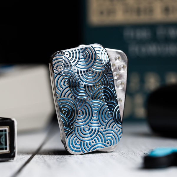 Drop Date (06/03): Magnus x URBAN Squashed Toad Fidget Slider - Mid Blue Titanium w/ Chaos Seigaiha™ & SS Swiss Plates - URBAN EDC®