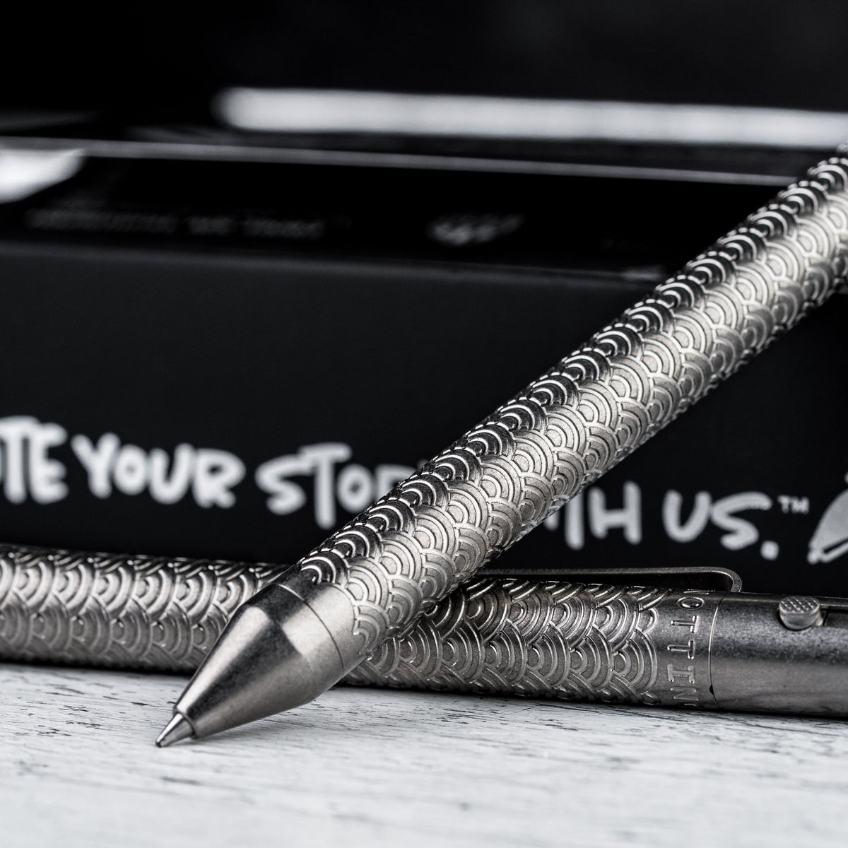 Drop Date (06/25): Nottingham Tactical x URBAN TiButton Single Lock Pen - Tumbled Ti Seigaiha - URBAN EDC®