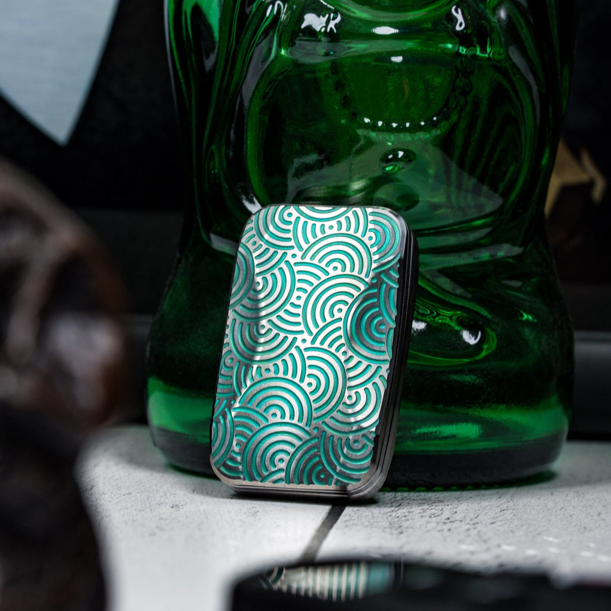 Drop Date (08/05): Magnus x URBAN Squashed Toad Fidget Slider - Green Titanium w/ Chaos Seigaiha™ & SS Swiss Plates - URBAN EDC®