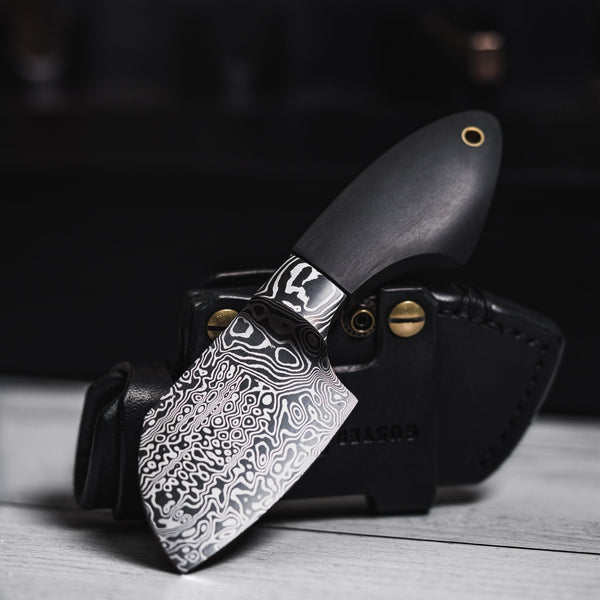 Drop Date (08/19): JSK Mini Cleaver - Damascus & Black Richlite w/ Brass Spacer (Custom) - URBAN EDC®