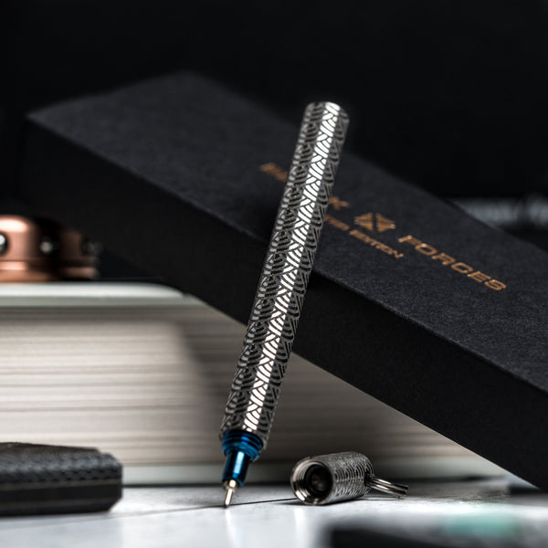 Drop Date (09/10): Blank Forces x URBAN CHROMA Titanium EDC Ink Keychain Pen - Blue PVD Ti Seigaiha - URBAN EDC®