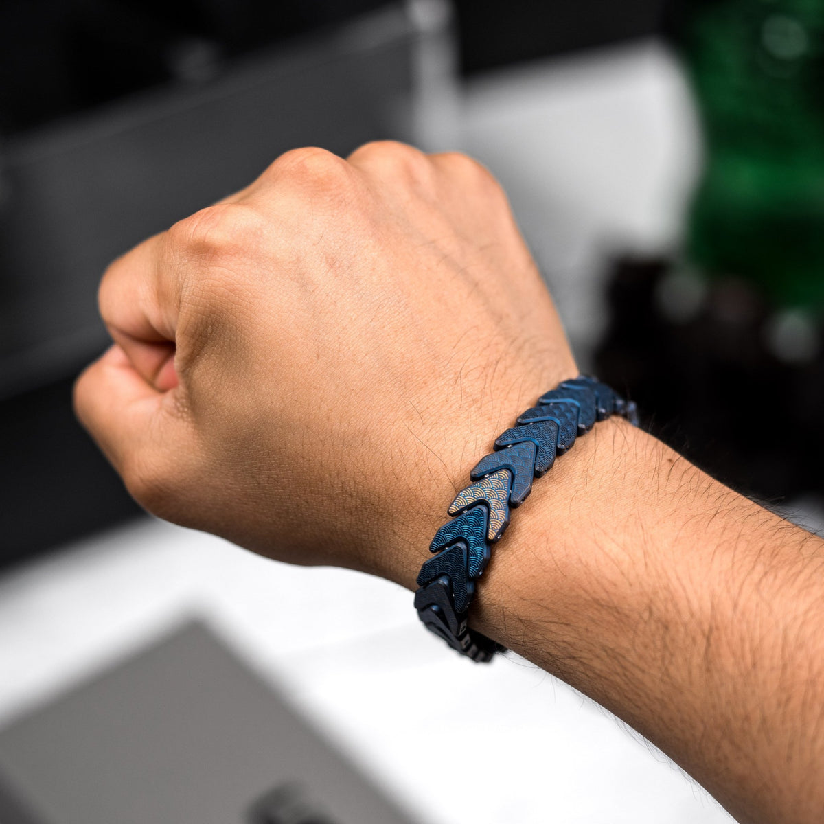Drop Date (09/16): Tomas Makes x URBAN Vector Bracelet - Blue & Gold Brush Stonewash Titanium w/ Seigaiha (Custom) - URBAN EDC®