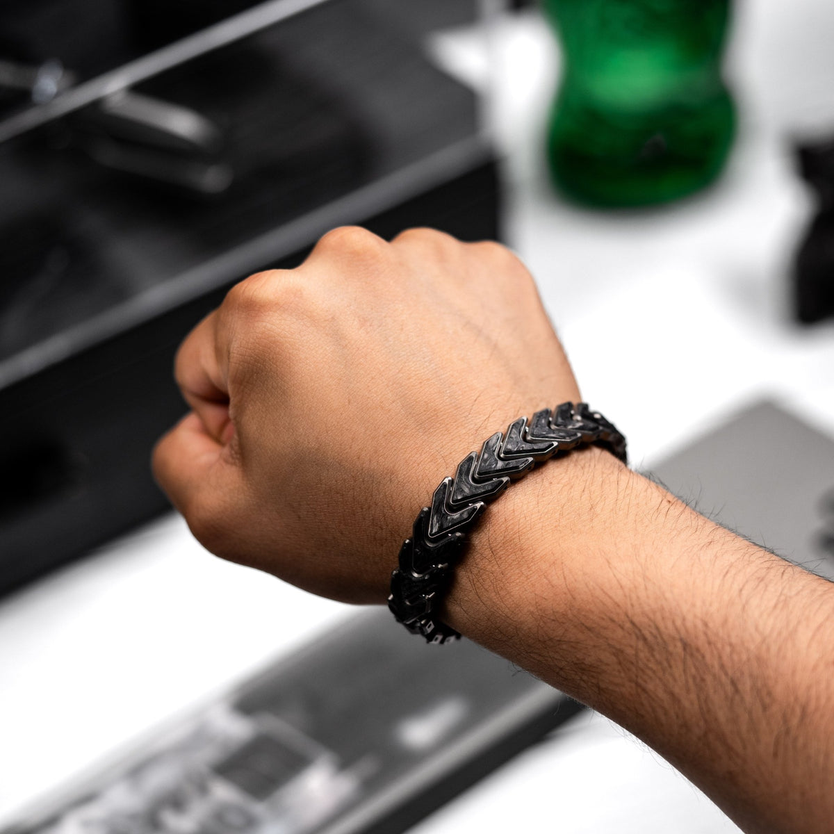 Drop Date (09/23): Tomas Makes Vector Bracelet - Zirblast Titanium w/ Dark Matter Green Glow Carbon Fiber (Custom) - URBAN EDC®