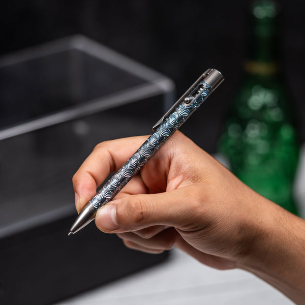 Drop Date (09/30): Magnus x URBAN Titanium ClickShift™ Pen - Matte Titanium w/ Blue Ti Chaos Seigaiha™ - URBAN EDC®