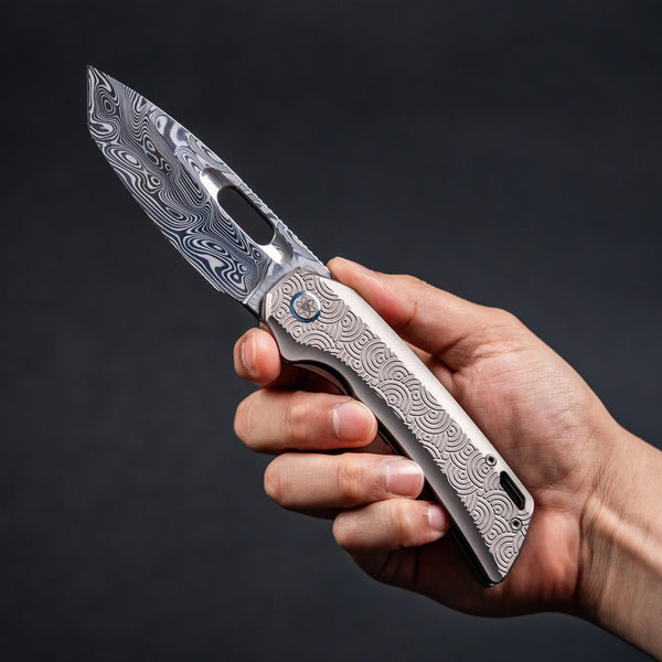 EMP EDC x URBAN Nymble XT - Damasteel & Bead Blasted Chaos Seigaiha™ Ti w/ Blue ZircuTi Accents - URBAN EDC®