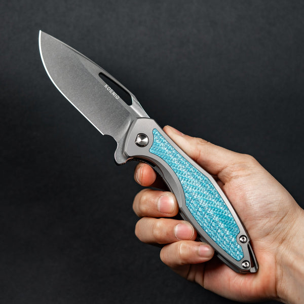 Koenig Arius Flipper - Brightwashed w/ Polished Flats M390 & Aqua Blue Twill Inlay - URBAN EDC®