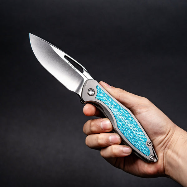 Koenig Arius Non - Flipper - Brightwashed w/ Polished Flats M390 & Aqua Blue Twill Inlay - URBAN EDC®