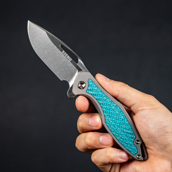 Koenig Mini Arius Flipper - Brightwashed w/ Polished Flats M390 & Aqua Teal Twill Inlay - URBAN EDC®