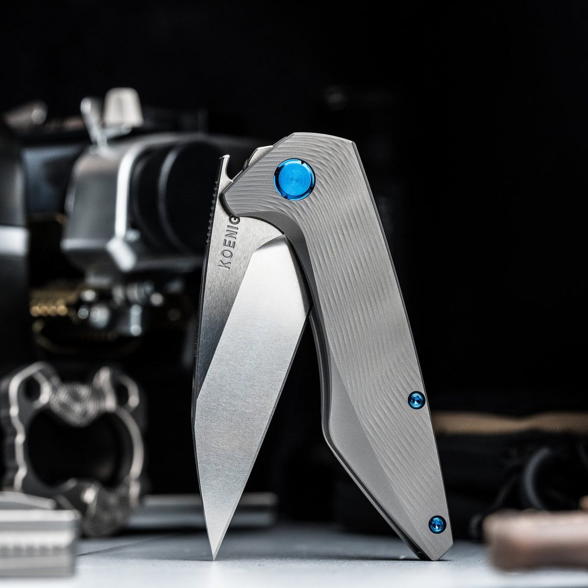 Koenig Mini Goblin Flipper - Brightwashed w/ Polished Flats M390 & Plain Titanium w/ Sea Pattern - URBAN EDC®