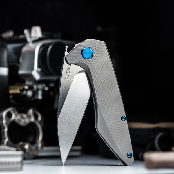 Koenig Mini Goblin Flipper - Brightwashed w/ Polished Flats M390 & Plain Titanium w/ Sea Pattern - URBAN EDC®
