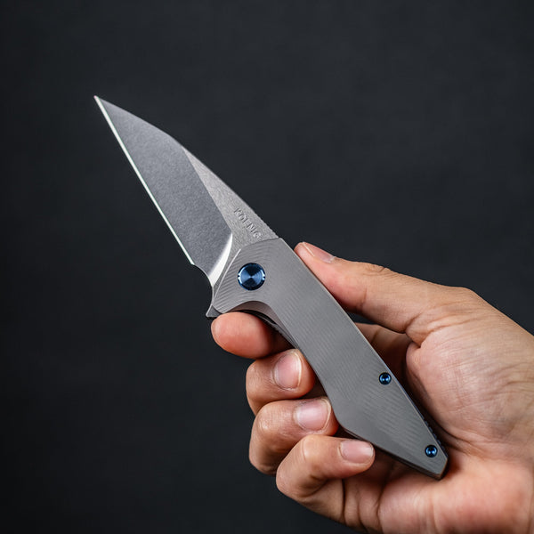 Koenig Mini Goblin Flipper - Brightwashed w/ Polished Flats M390 & Plain Titanium w/ Sea Pattern - URBAN EDC®