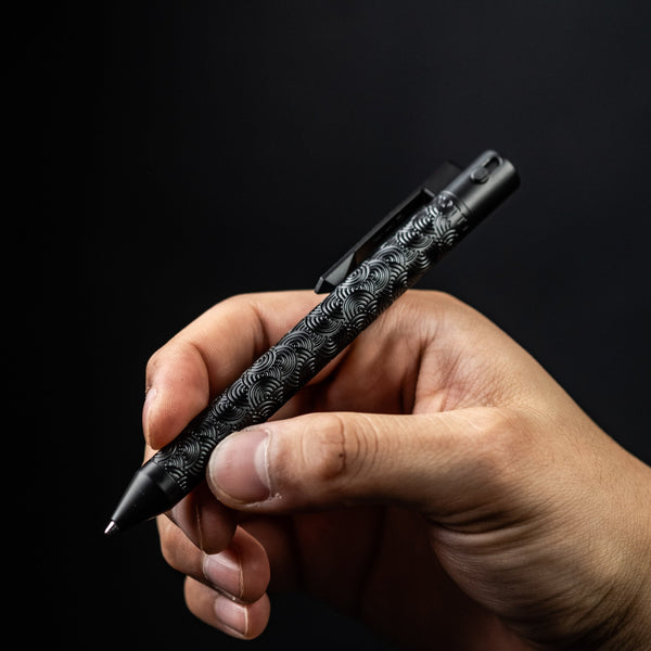 Nottingham Tactical x URBAN TiButton Single Lock Pen - Black Ti Cerakote Chaos Seigaiha w/ Milled Chaos Seigaiha Clip - URBAN EDC®