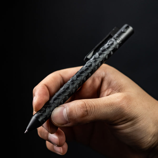 Nottingham Tactical x URBAN TiButton Single Lock Pen - Black Ti Cerakote Chaos Seigaiha w/ Milled Chaos Seigaiha Clip - URBAN EDC®