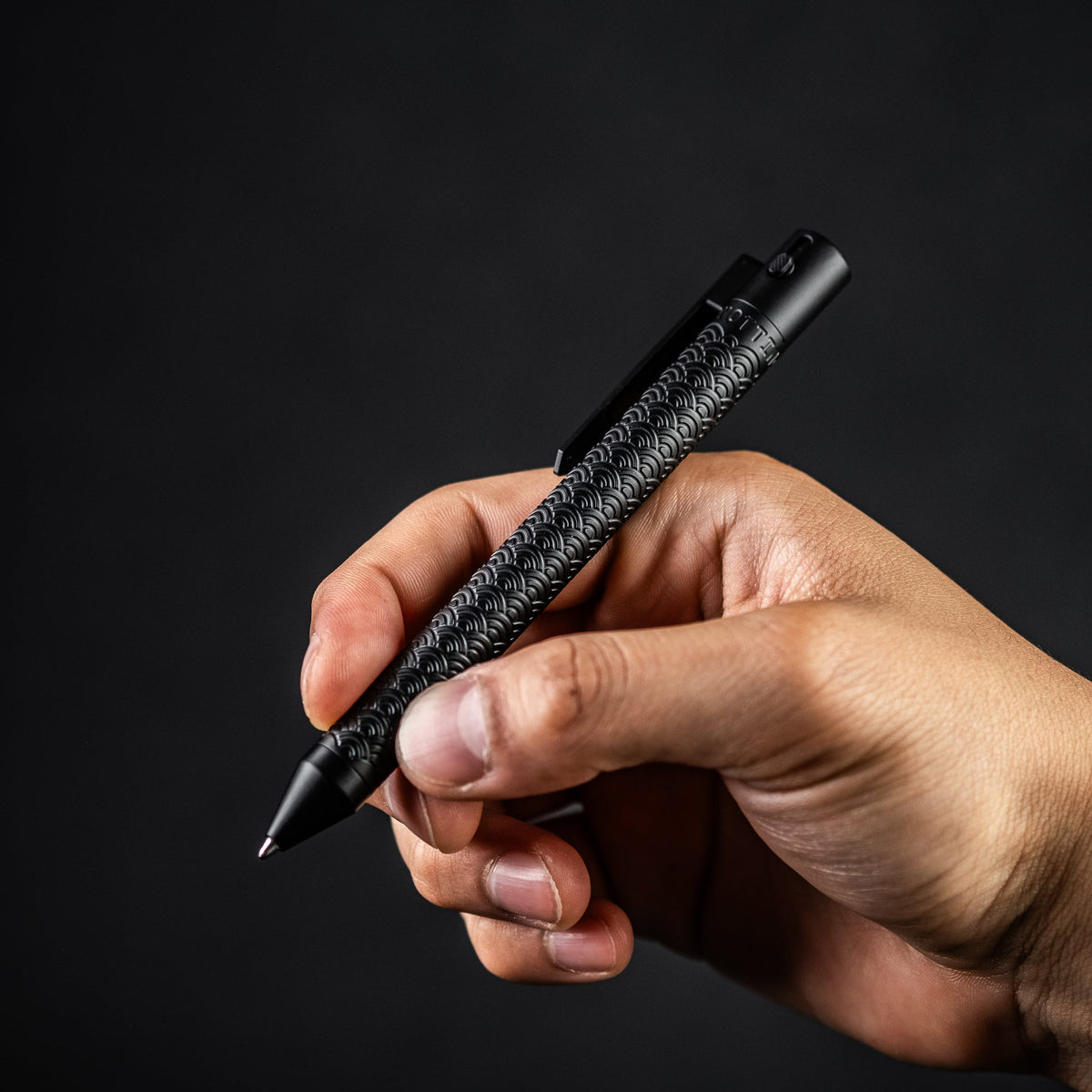 Nottingham Tactical x URBAN TiButton Single Lock Pen - Black Ti Cerakote Seigaiha w/ Milled Seigaiha Clip - URBAN EDC®