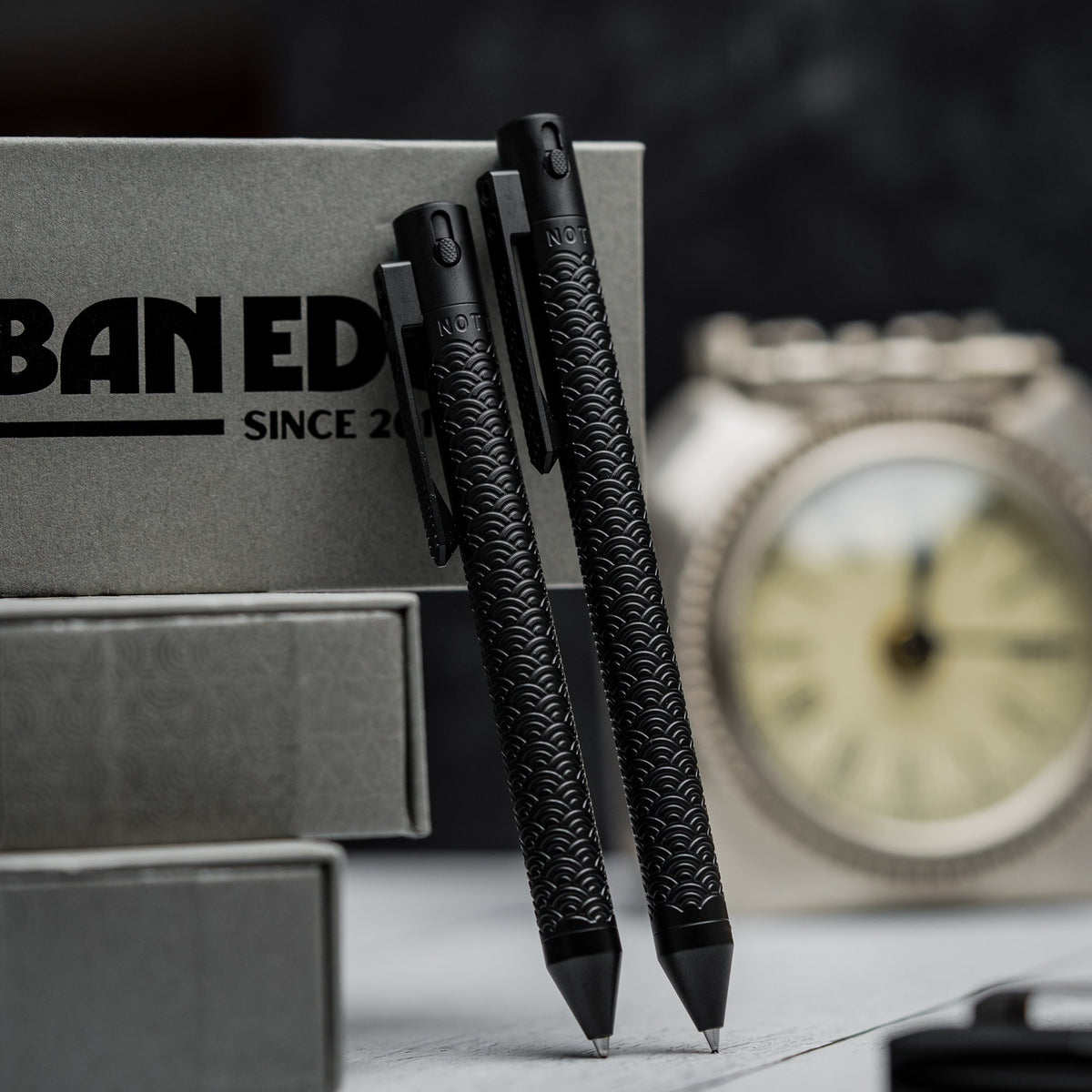 Nottingham Tactical x URBAN TiButton Single Lock Pen - Black Ti Cerakote Seigaiha w/ Milled Seigaiha Clip - URBAN EDC®