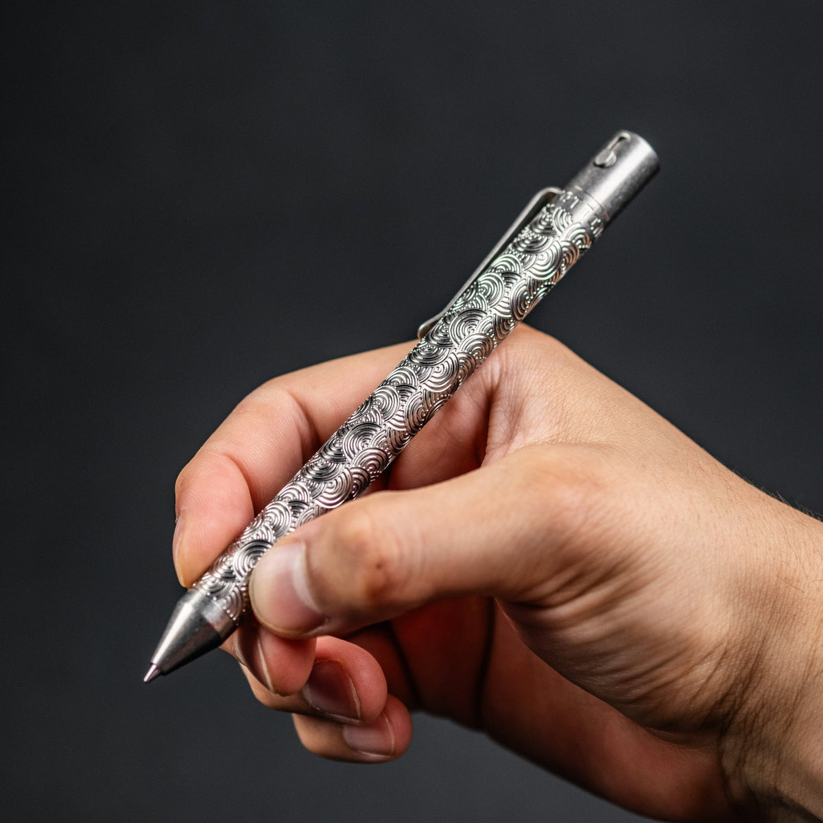 Nottingham Tactical x URBAN TiButton Single Lock Pen - Tumbled Ti Chaos Seigaiha - URBAN EDC®