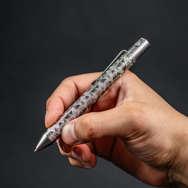 Nottingham Tactical x URBAN TiButton Single Lock Pen - Tumbled Ti Chaos Seigaiha - URBAN EDC®