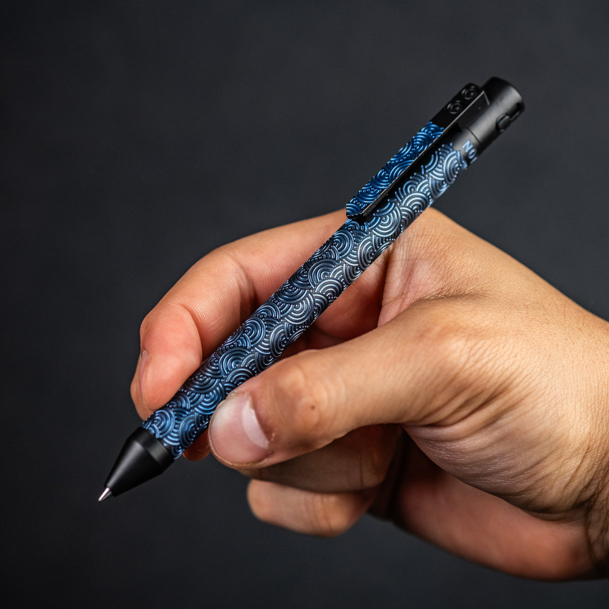 Nottingham Tactical x URBAN TiButton Single Lock Pen - Two - Tone Black Ti Cerakote & Blue Chaos Seigaiha w/ Milled Chaos Seigaiha Clip - URBAN EDC®