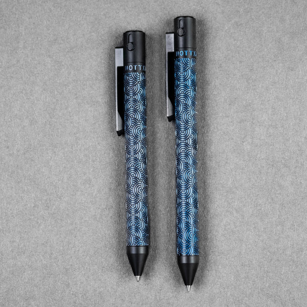 Nottingham Tactical x URBAN TiButton Single Lock Pen - Two - Tone Black Ti Cerakote & Blue Chaos Seigaiha w/ Milled Chaos Seigaiha Clip - URBAN EDC®