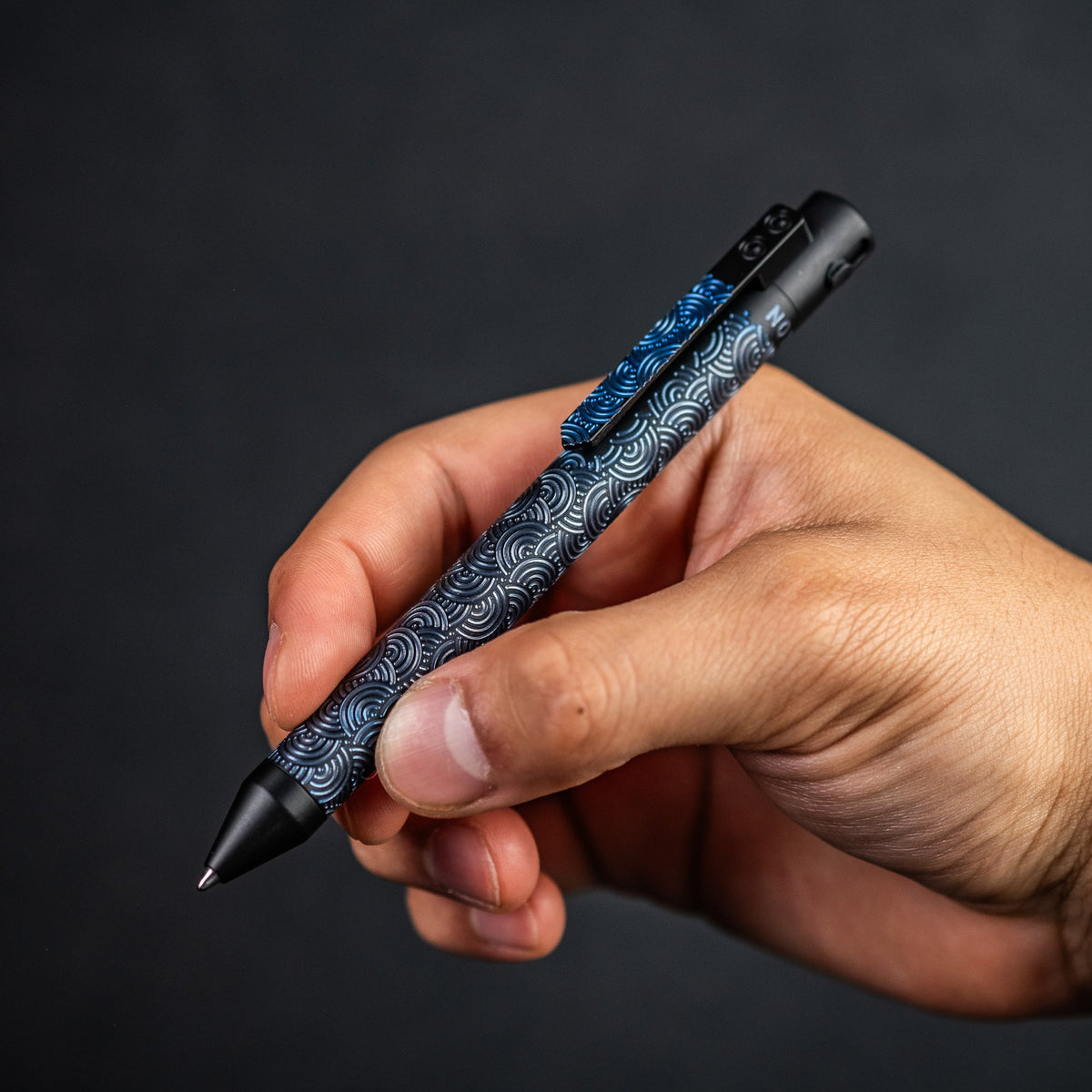 Nottingham Tactical x URBAN TiButton Single Lock Pen - Two - Tone Black Ti Cerakote & Blue Chaos Seigaiha w/ Milled Chaos Seigaiha Clip - URBAN EDC®