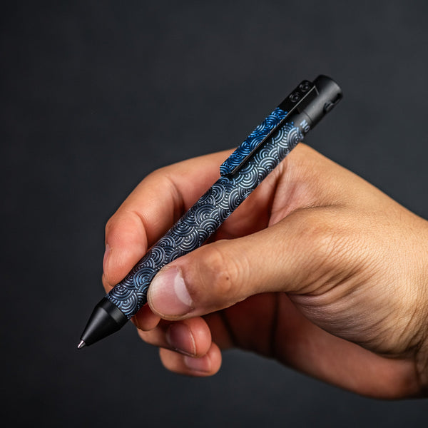 Nottingham Tactical x URBAN TiButton Single Lock Pen - Two - Tone Black Ti Cerakote & Blue Chaos Seigaiha w/ Milled Chaos Seigaiha Clip - URBAN EDC®