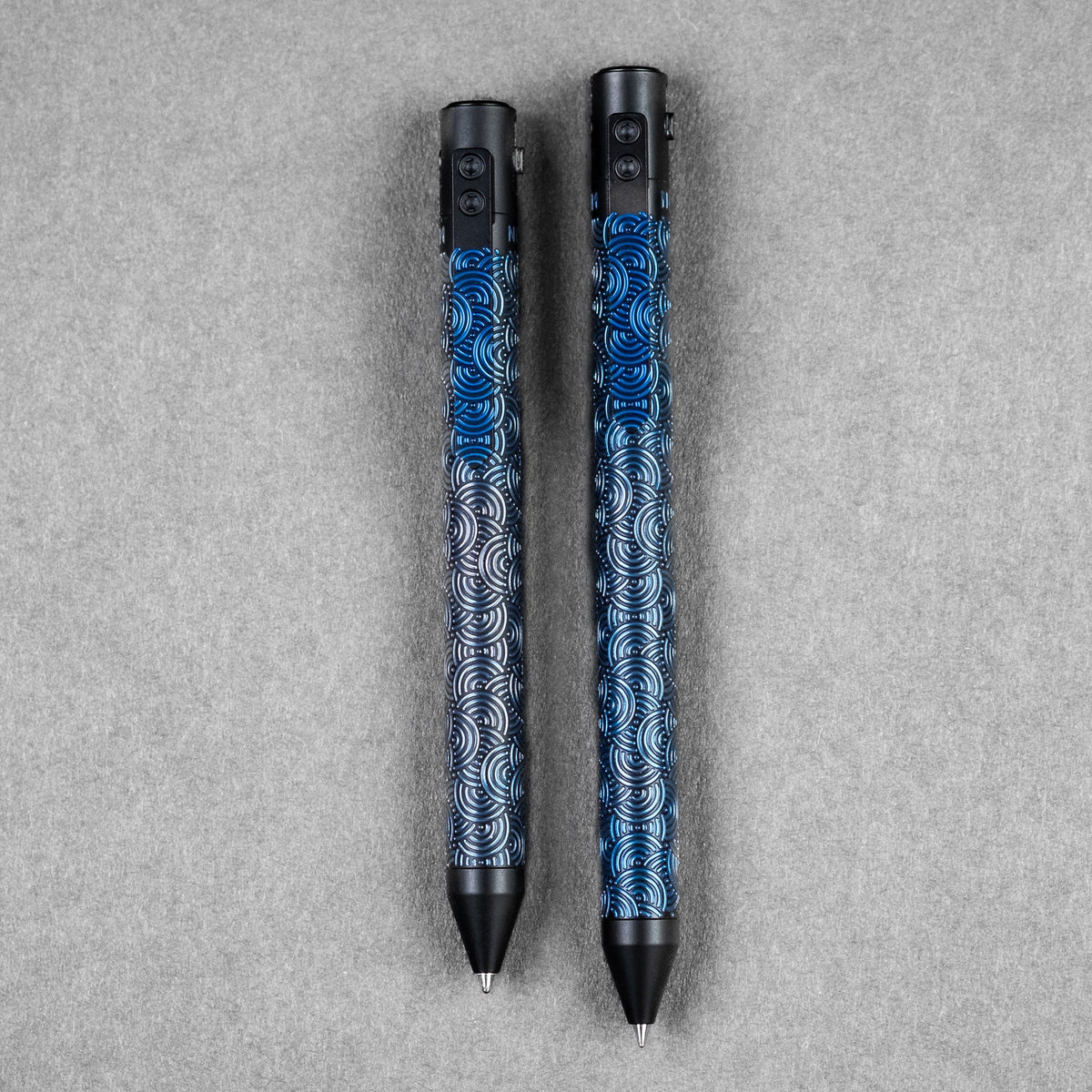 Nottingham Tactical x URBAN TiButton Single Lock Pen - Two - Tone Black Ti Cerakote & Blue Chaos Seigaiha w/ Milled Chaos Seigaiha Clip - URBAN EDC®