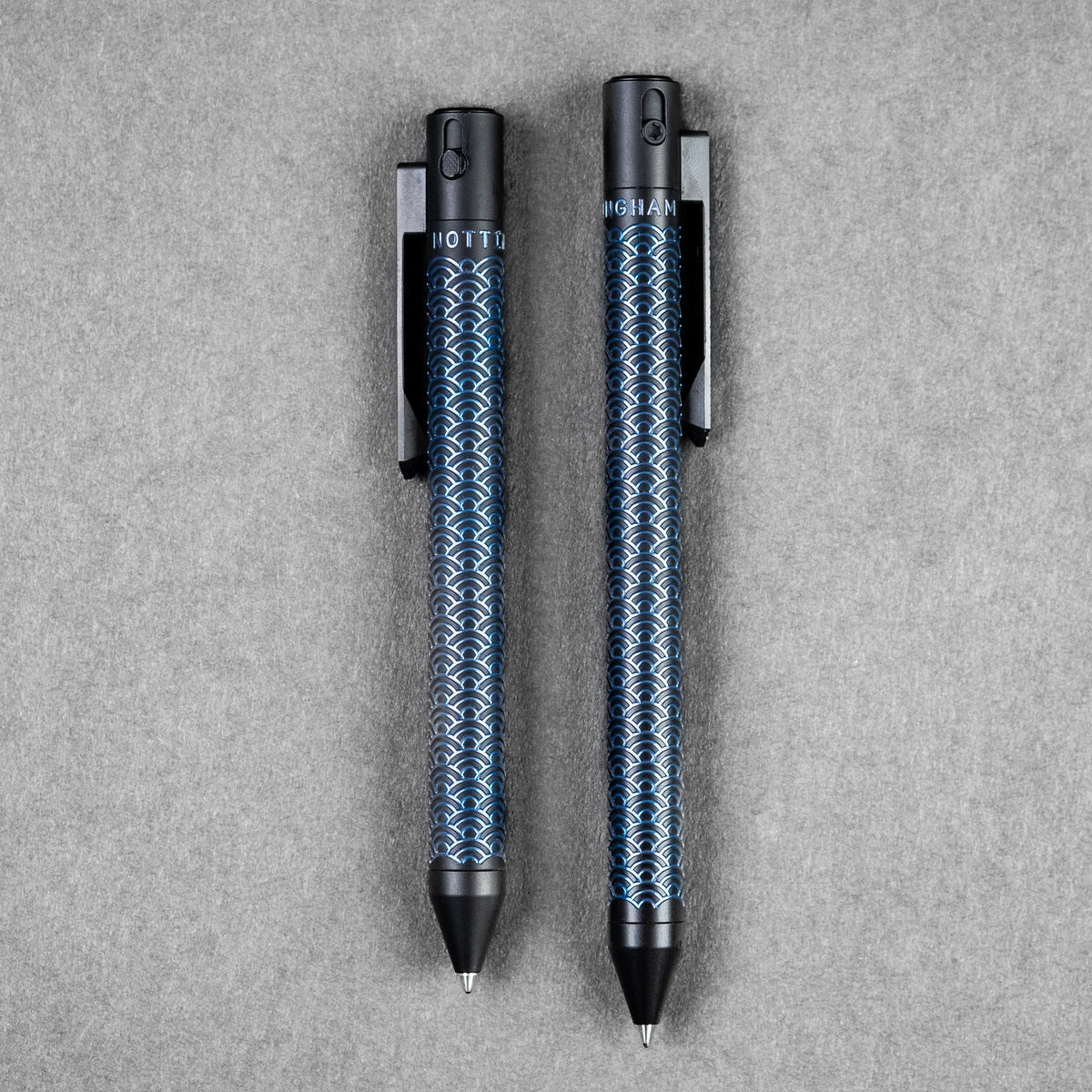 Nottingham Tactical x URBAN TiButton Single Lock Pen - Two - Tone Black Ti Cerakote & Blue Seigaiha w/ Milled Seigaiha Clip - URBAN EDC®