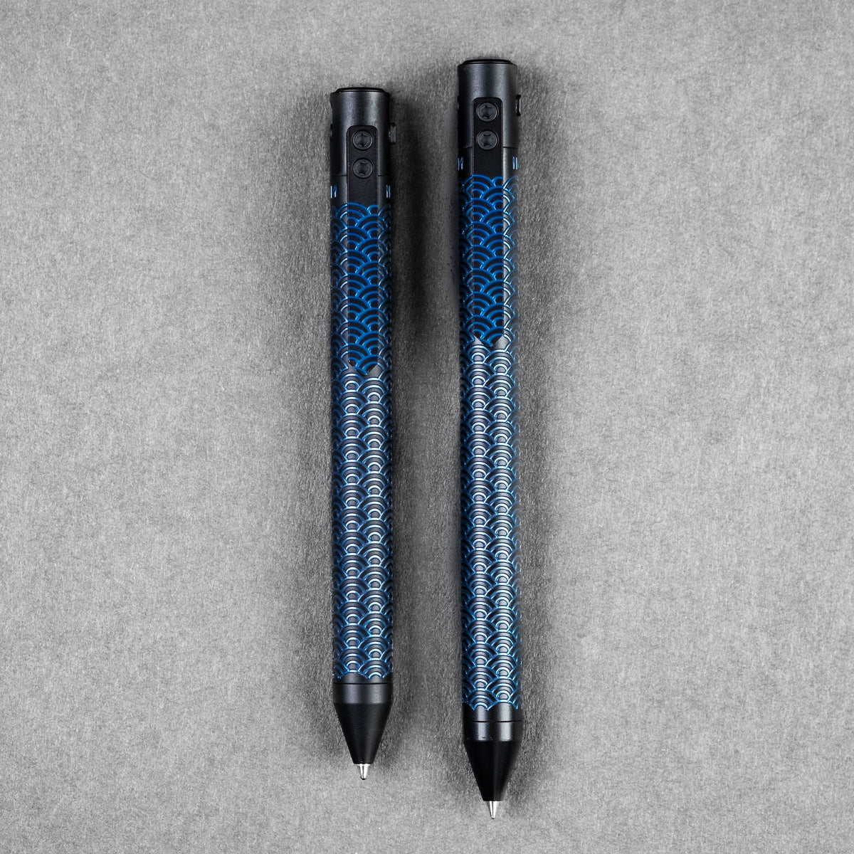 Nottingham Tactical x URBAN TiButton Single Lock Pen - Two - Tone Black Ti Cerakote & Blue Seigaiha w/ Milled Seigaiha Clip - URBAN EDC®