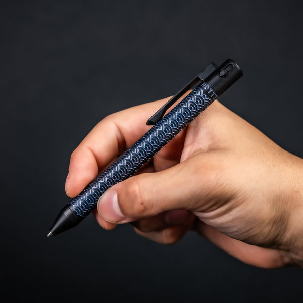 Nottingham Tactical x URBAN TiButton Single Lock Pen - Two - Tone Black Ti Cerakote & Blue Seigaiha w/ Milled Seigaiha Clip - URBAN EDC®