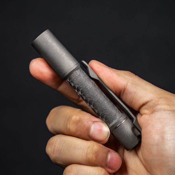 Reylight x URBAN Pineapple Mini Flashlight - Stonewashed Ti Chaos Seigaiha™ w/ Milled Ti Clip - URBAN EDC®