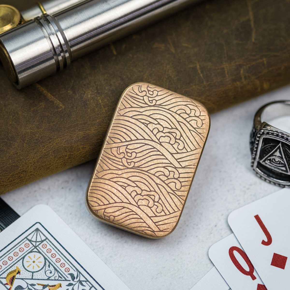 Ben Krein Worry Stone - Bronze w/ Seigaiha V2 Engraving (Exclusive) - URBAN EDC®